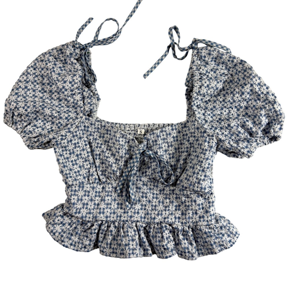 Peplum Top Small‎ Blue Gingham Floral Cottagecore Whimsical Peasant
